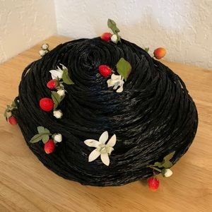 Vintage Adele Claire hat black straw and strawberries